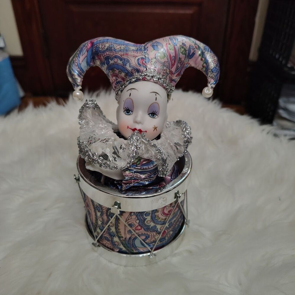 Vintage Porcelain Clown Music Box Taiwan Jester Drum Animated Purple